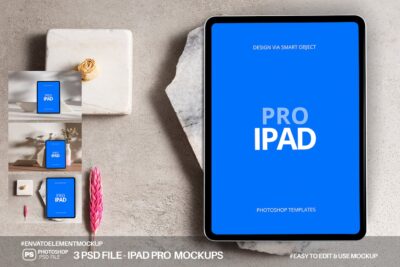 石头背景iPad Pro平板电脑UI设计展示样机 (PSD)