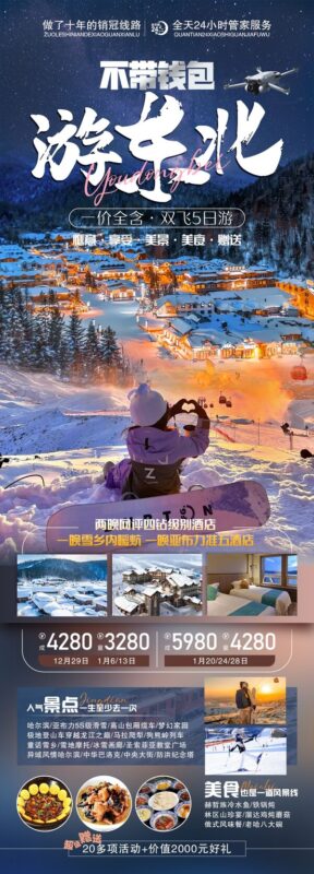 东北哈尔滨延边漠河极光雪村土豆滑雪冰雕旅游海报psd设计素材(57)