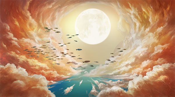 卡通唯美手绘梦幻风景插画女孩麋鹿鲸鱼森林梦境PSD设计素材模板(2)