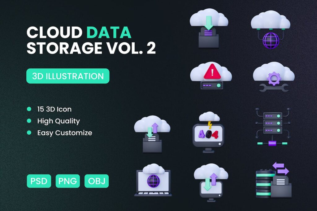 云数据存储3D图标包VOL.2 (PNG,PSD,OBJ)