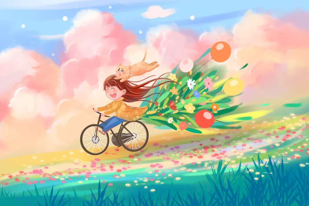小清新春天夏日手绘卡通户外田园风光插画海报背景(2).psd