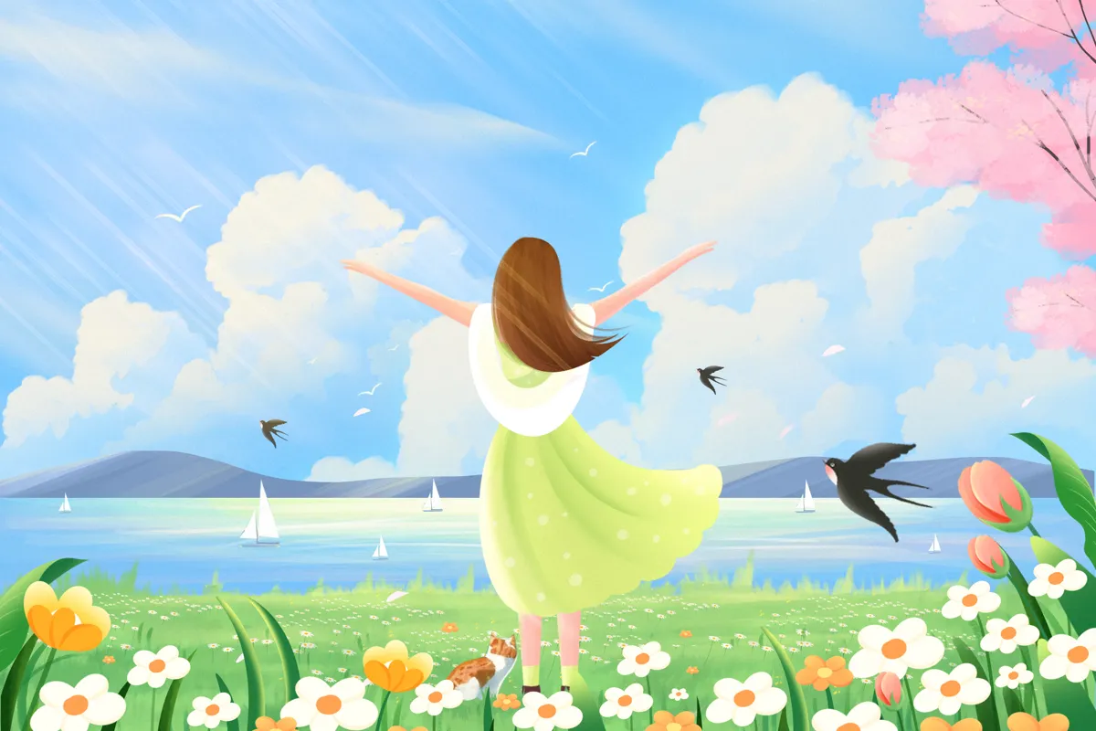 小清新春天夏日手绘卡通户外田园风光插画海报背景(64).psd