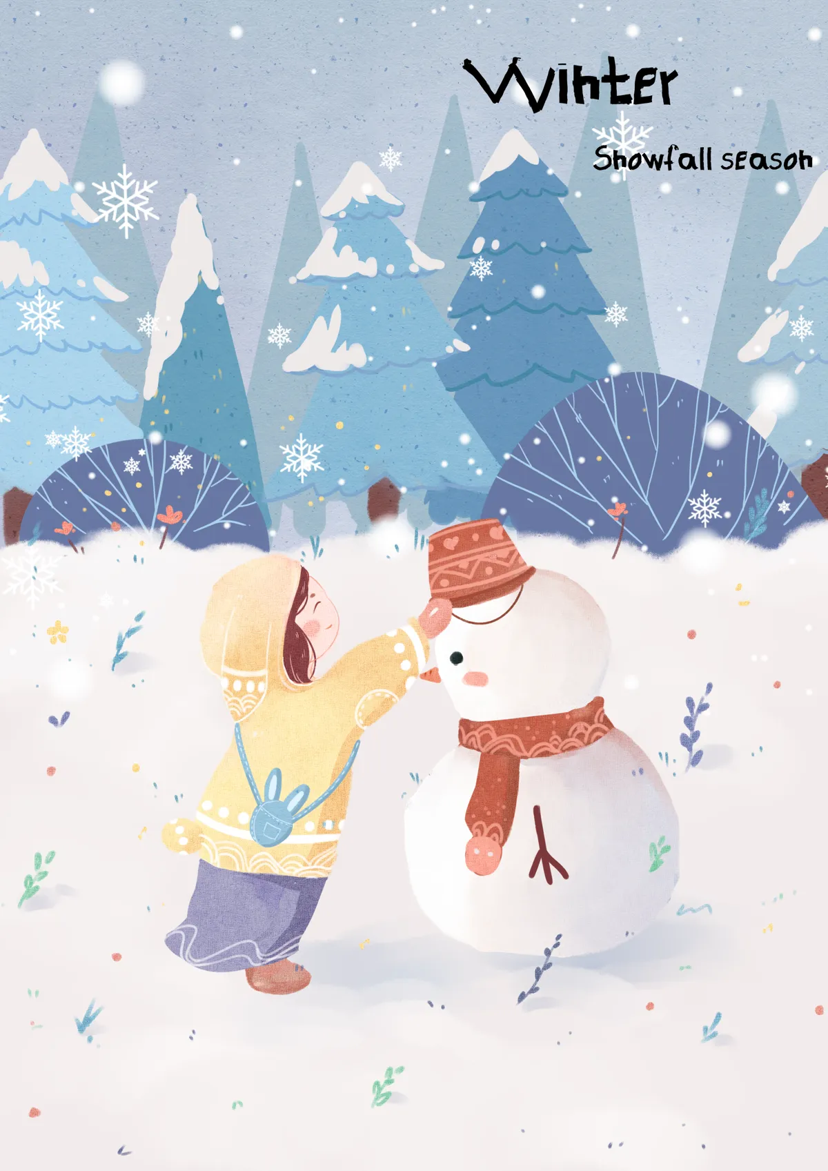 冬天冬季场景雪地雪人雪景24节气大雪卡通人物插画PSD分层素材(8)