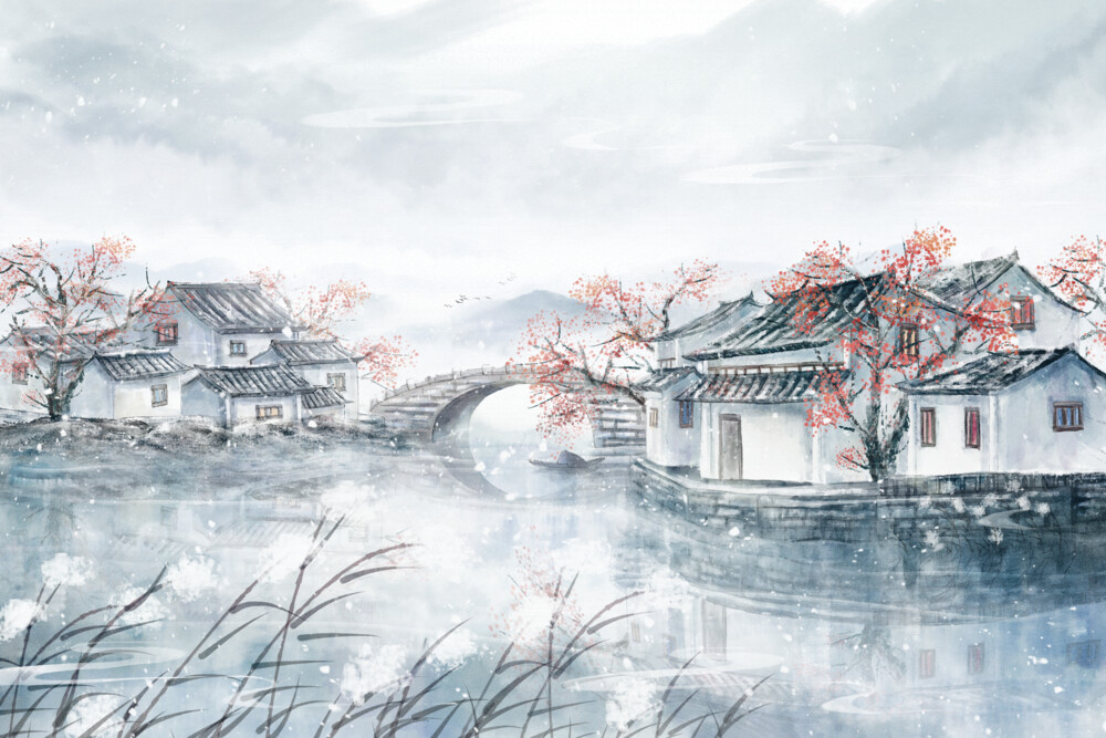 大雪插画江南水乡水墨插画山水芦苇梅花冬天大雪小雪植物风景古风水彩背景.psd